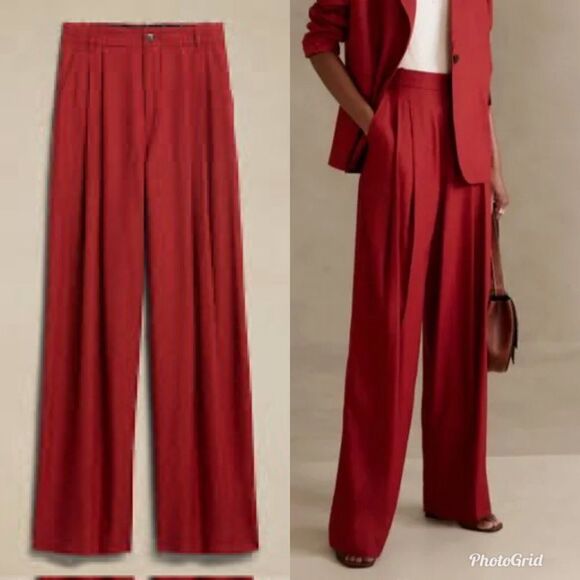 Banana Republic Cherry Red Lena Wide-leg Linen-blend Pant Trousers - Picture 2 of 13